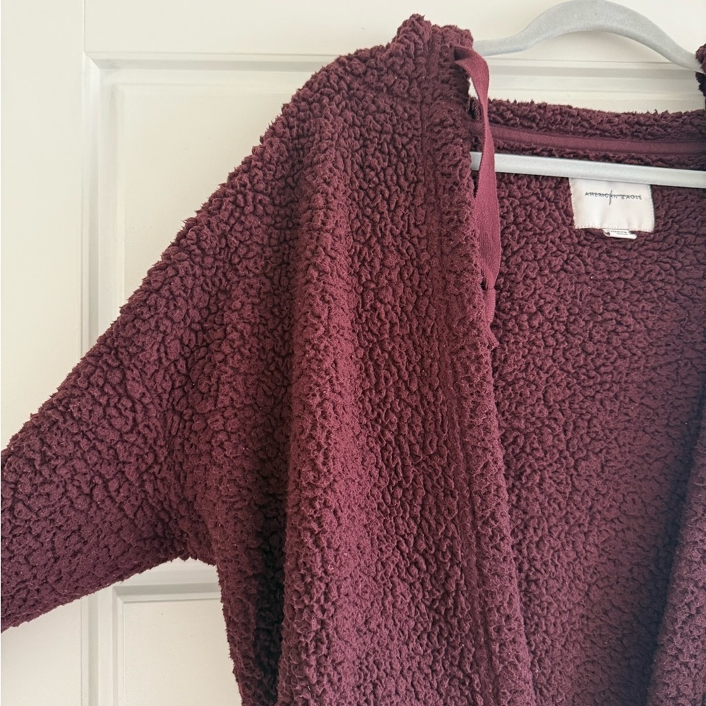 American Eagle Burgunday Sherpa Cardigan With Hood Size XS - Picture 2 of 5